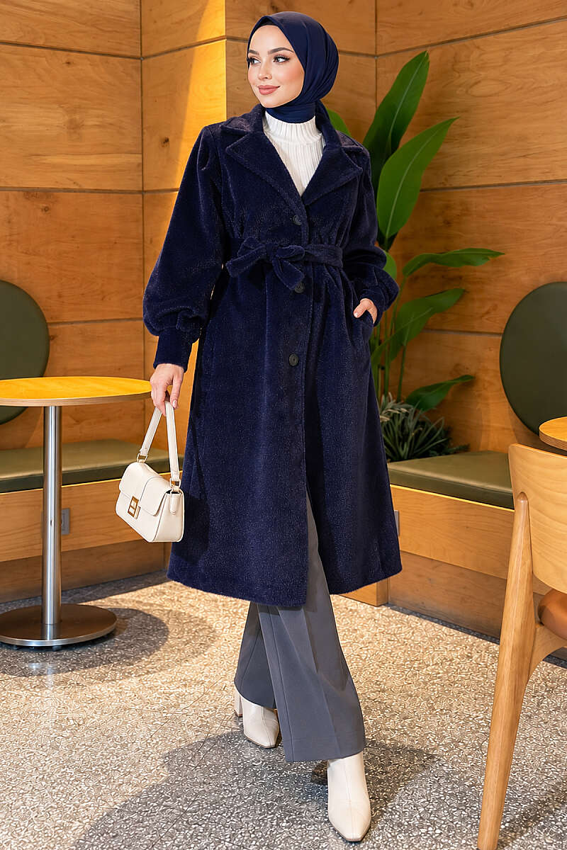Belted Faux Fur Coat with Puff Sleeves - Navy