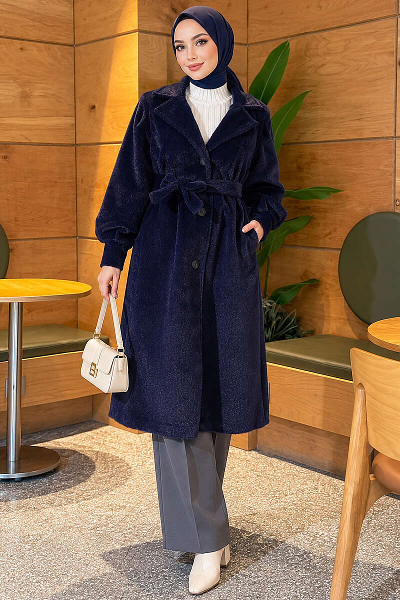 Belted Faux Fur Coat with Puff Sleeves - Navy
