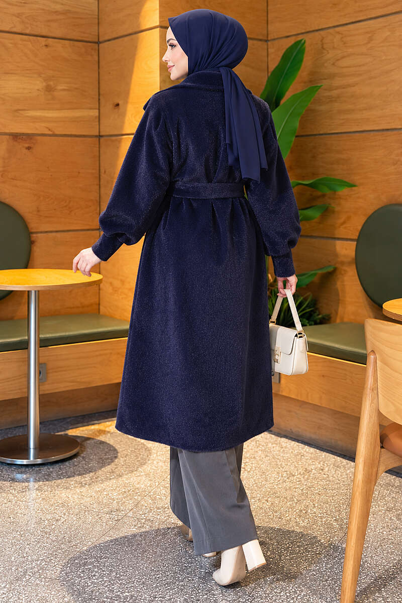 Belted Faux Fur Coat with Puff Sleeves - Navy