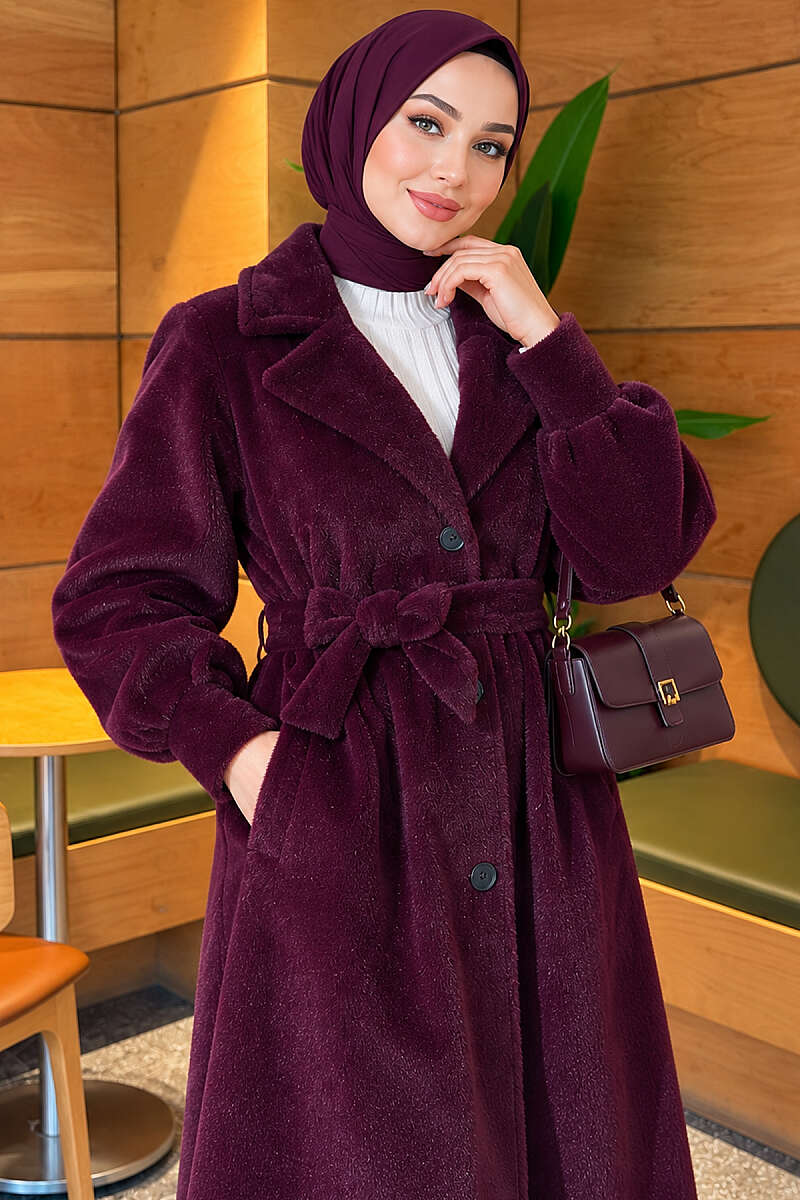 Belted Faux Fur Coat with Puff Sleeves - Plum