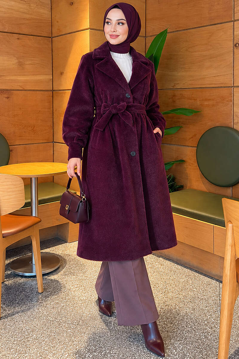 Belted Faux Fur Coat with Puff Sleeves - Plum