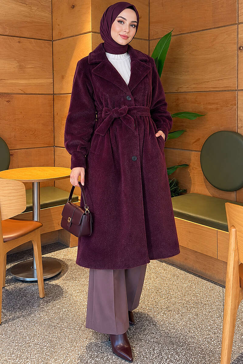 Belted Faux Fur Coat with Puff Sleeves - Plum