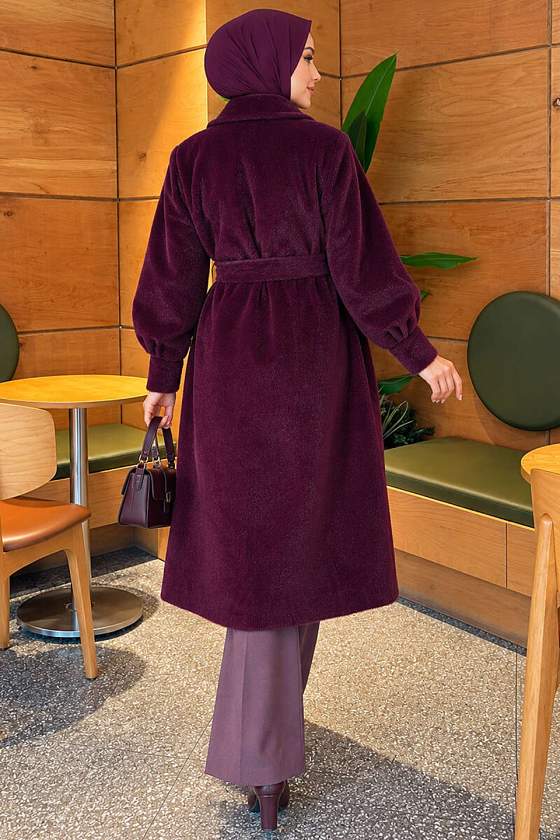 Belted Faux Fur Coat with Puff Sleeves - Plum