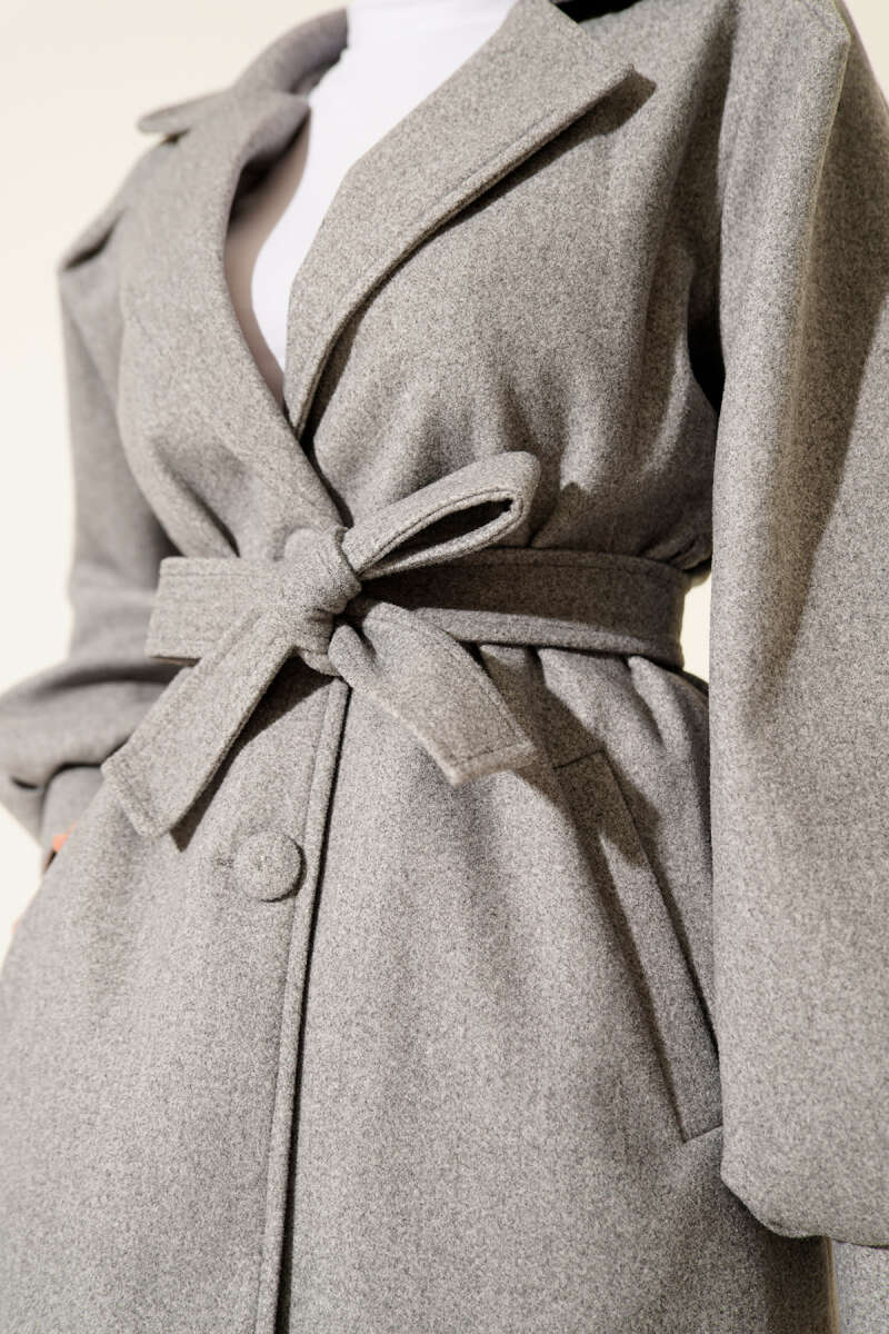 Short Belted Balloon-Sleeve Coat - Grey