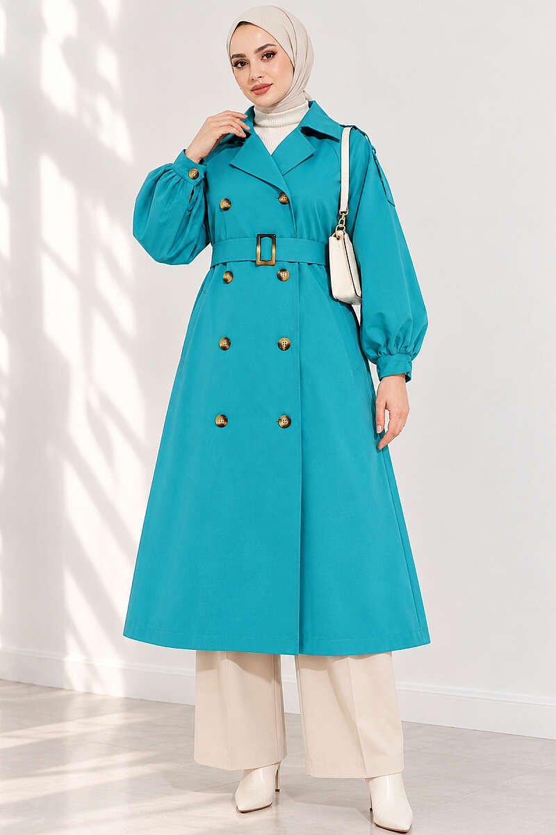 Long Belted Trench Coat with Puff Sleeves - Petrol Green