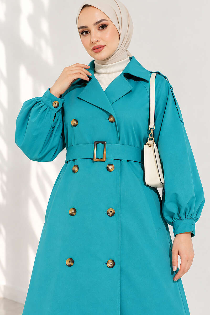 Long Belted Trench Coat with Puff Sleeves - Petrol Green