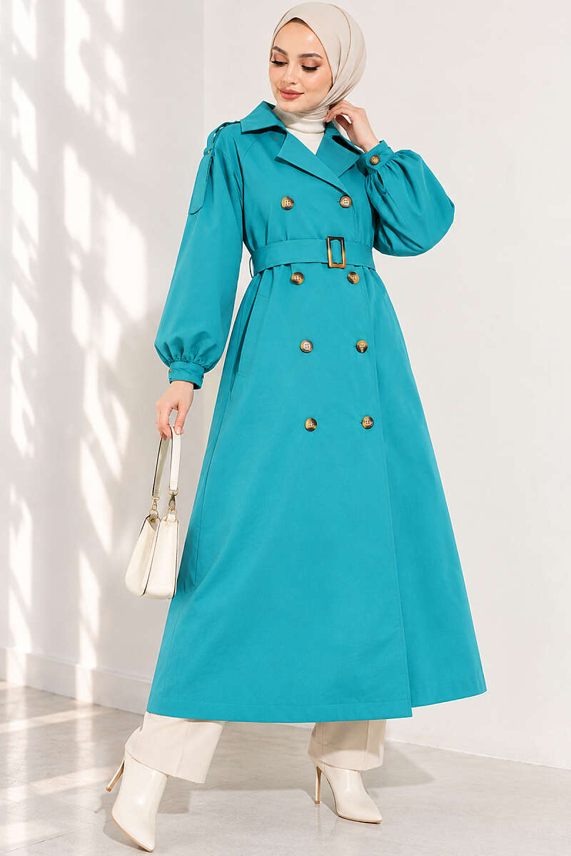 Long Belted Trench Coat with Puff Sleeves - Petrol Green