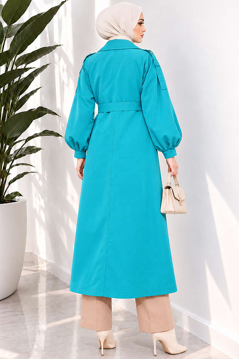 Long Belted Trench Coat with Puff Sleeves - Petrol Green