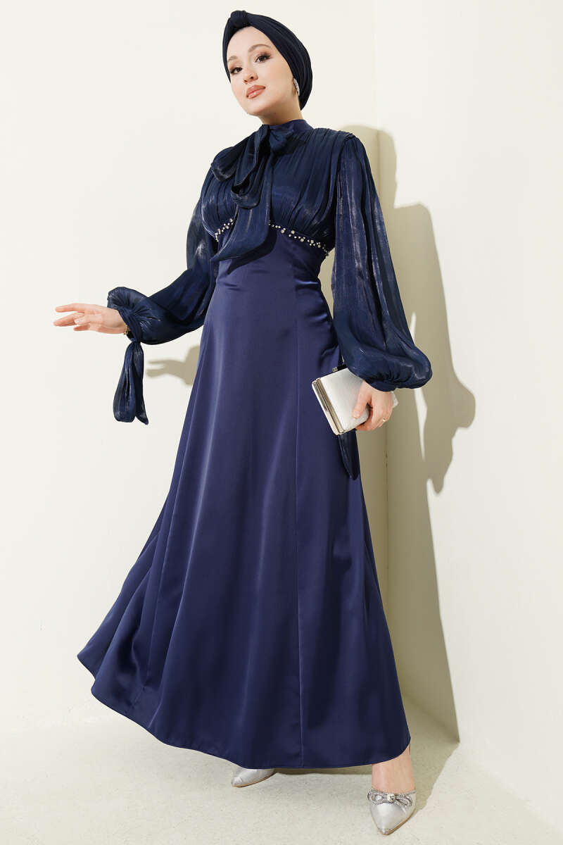 Balloon-Sleeve Evening Dress with Mini Stones - Navy