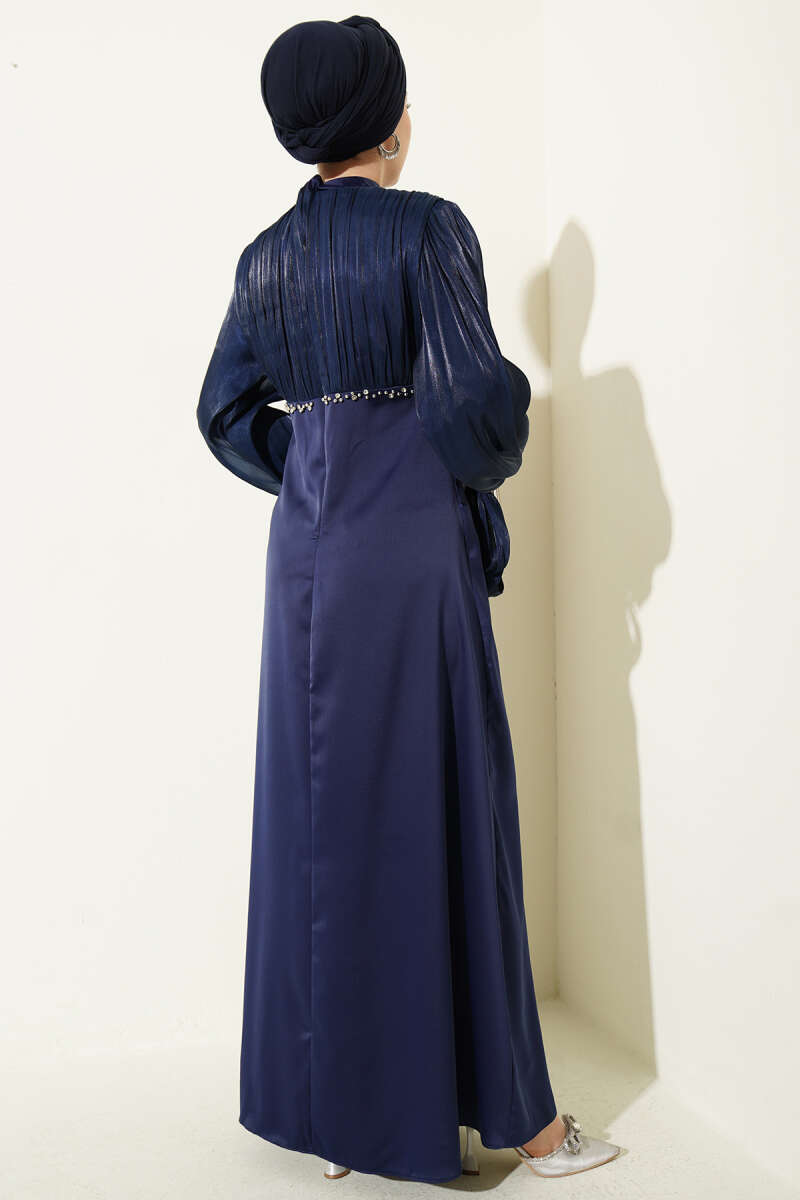 Balloon-Sleeve Evening Dress with Mini Stones - Navy