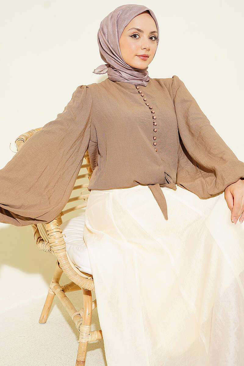 Short Puff-Sleeve Shirt with Front Tie - Latte