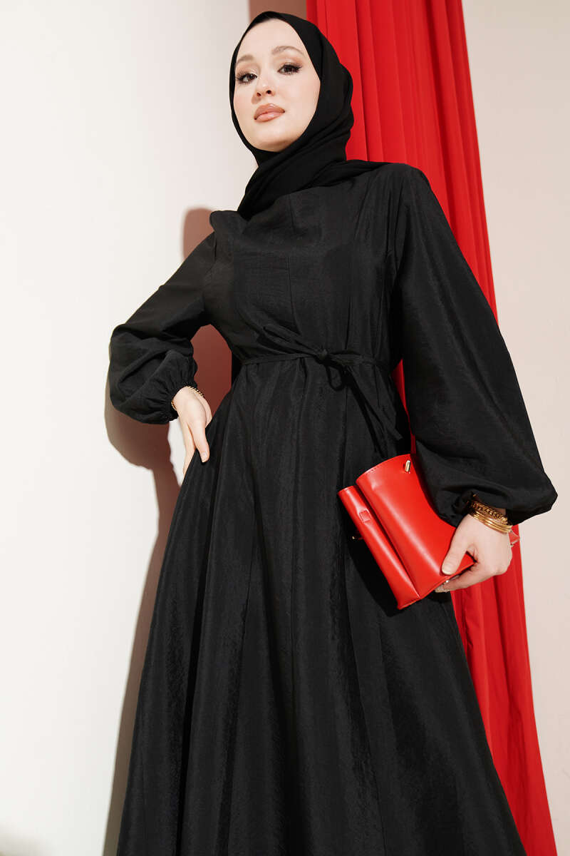 Balloon-Sleeve Dart Dress with Tie Belt - Black