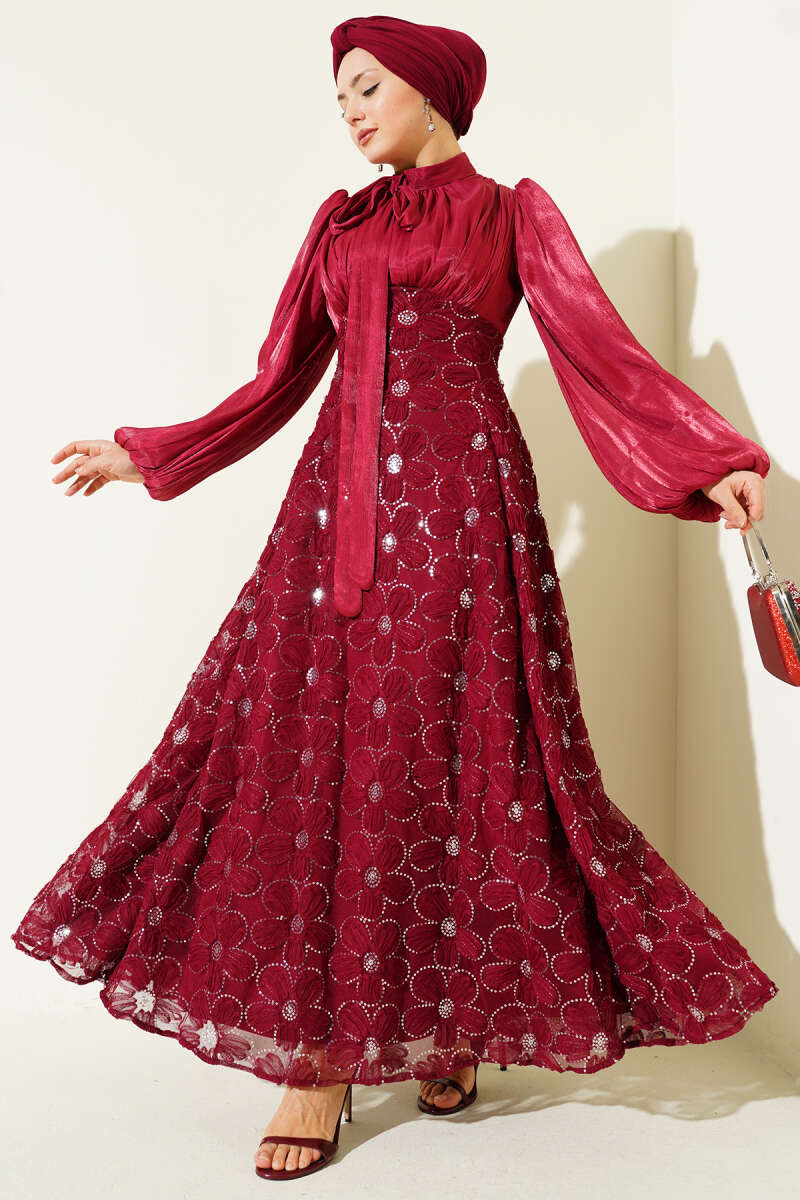 Balloon-Sleeve Evening Dress with Sequin Flowers - Burgundy