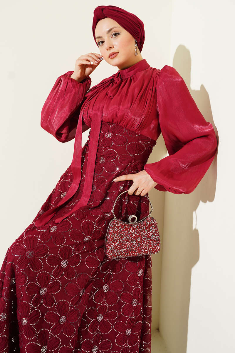 Balloon-Sleeve Evening Dress with Sequin Flowers - Burgundy