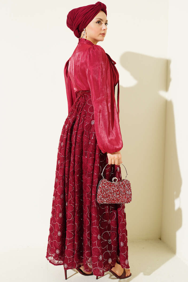 Balloon-Sleeve Evening Dress with Sequin Flowers - Burgundy