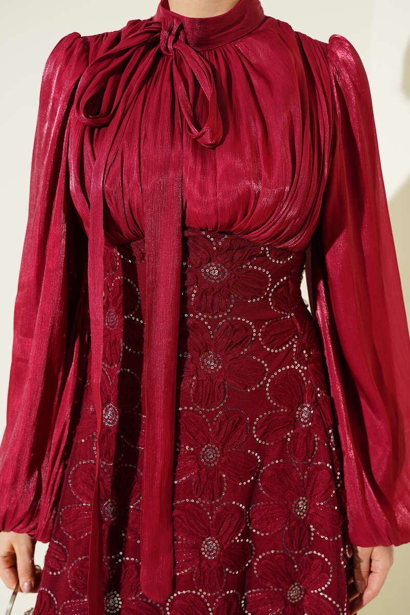 Balloon-Sleeve Evening Dress with Sequin Flowers - Burgundy