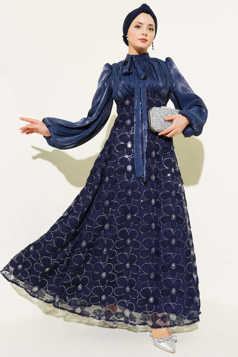 Balloon-Sleeve Evening Dress with Sequin Flowers - Navy