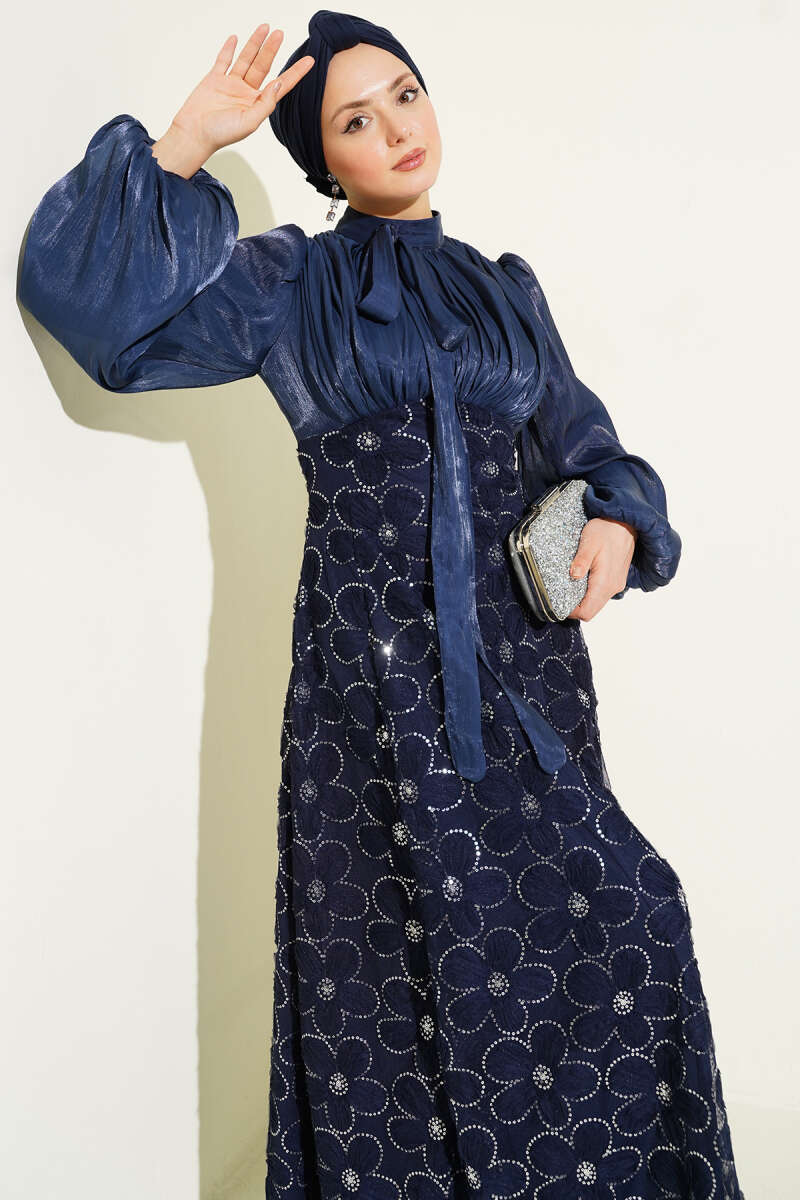Balloon-Sleeve Evening Dress with Sequin Flowers - Navy