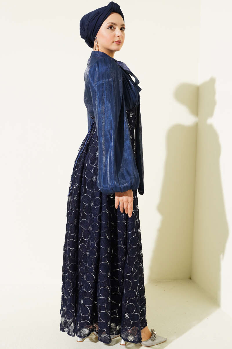 Balloon-Sleeve Evening Dress with Sequin Flowers - Navy