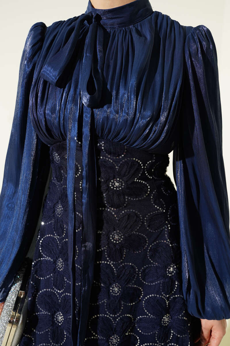Balloon-Sleeve Evening Dress with Sequin Flowers - Navy