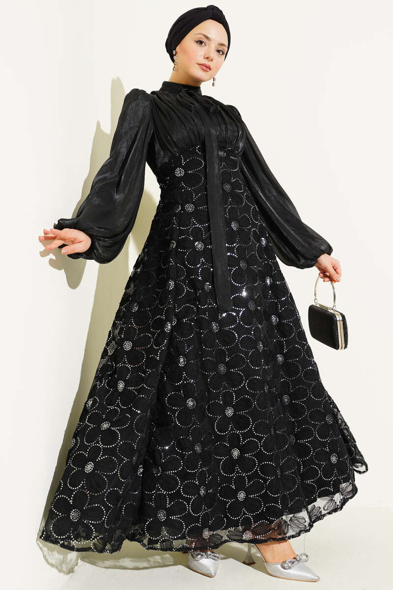 Balloon-Sleeve Evening Dress with Sequin Flowers - Black