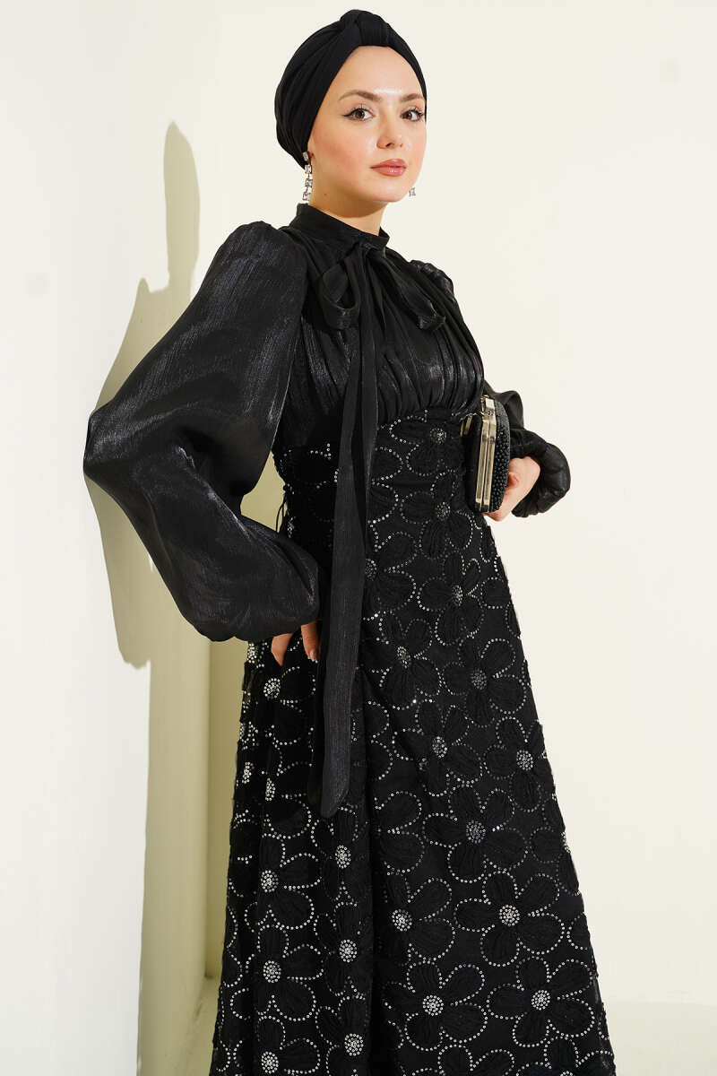 Balloon-Sleeve Evening Dress with Sequin Flowers - Black