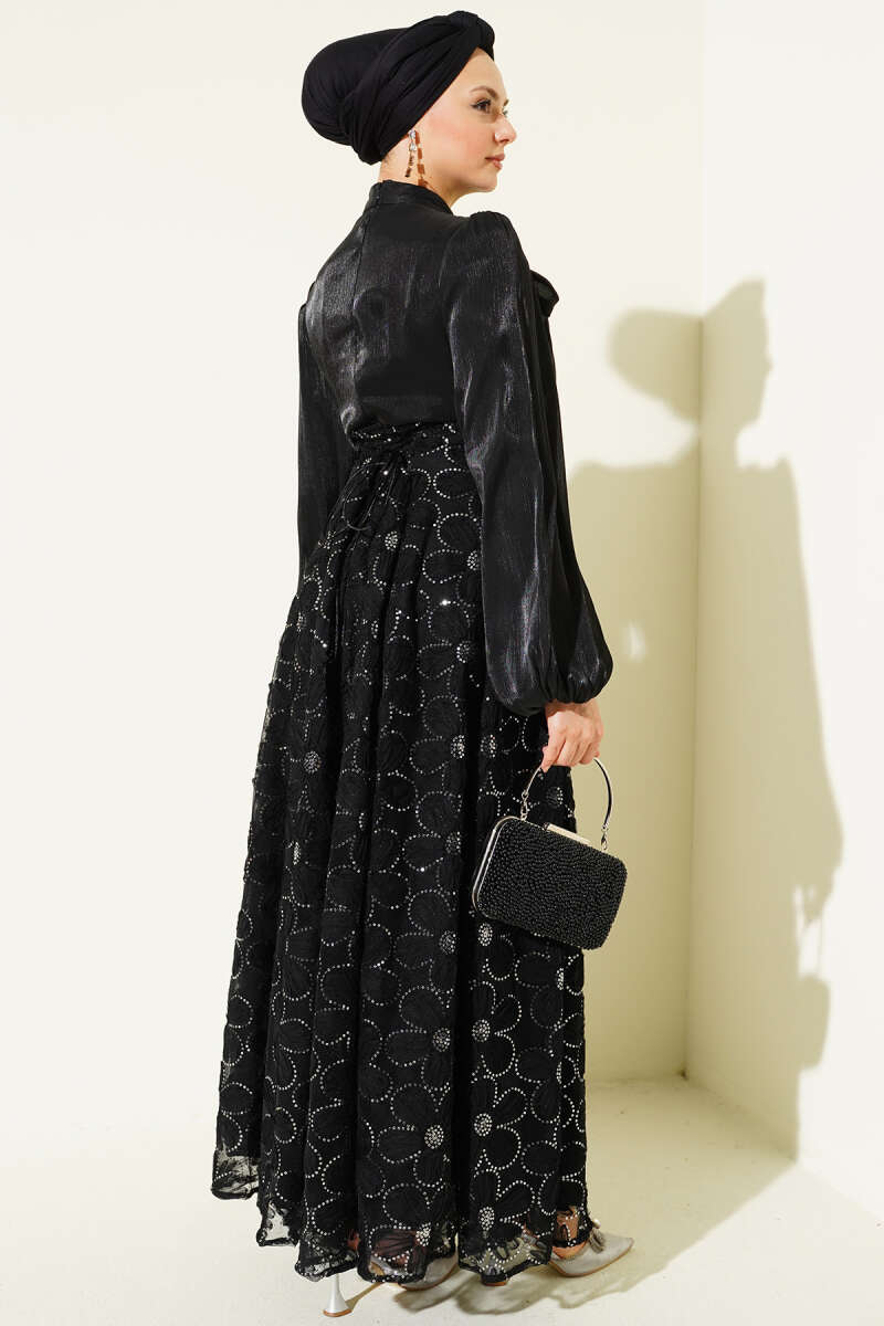Balloon-Sleeve Evening Dress with Sequin Flowers - Black