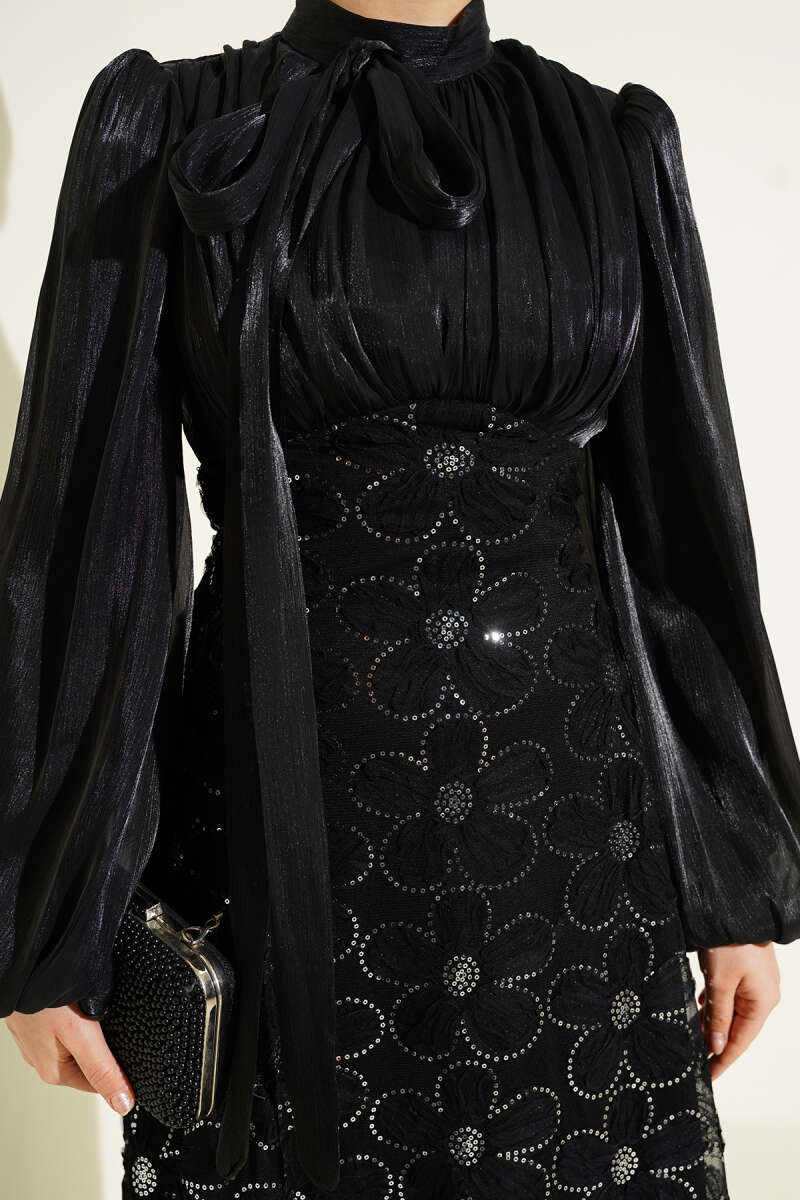 Balloon-Sleeve Evening Dress with Sequin Flowers - Black