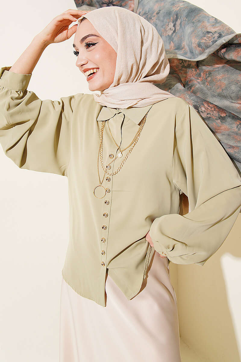 Short Loose Balloon-Sleeve Shirt - Almond Green