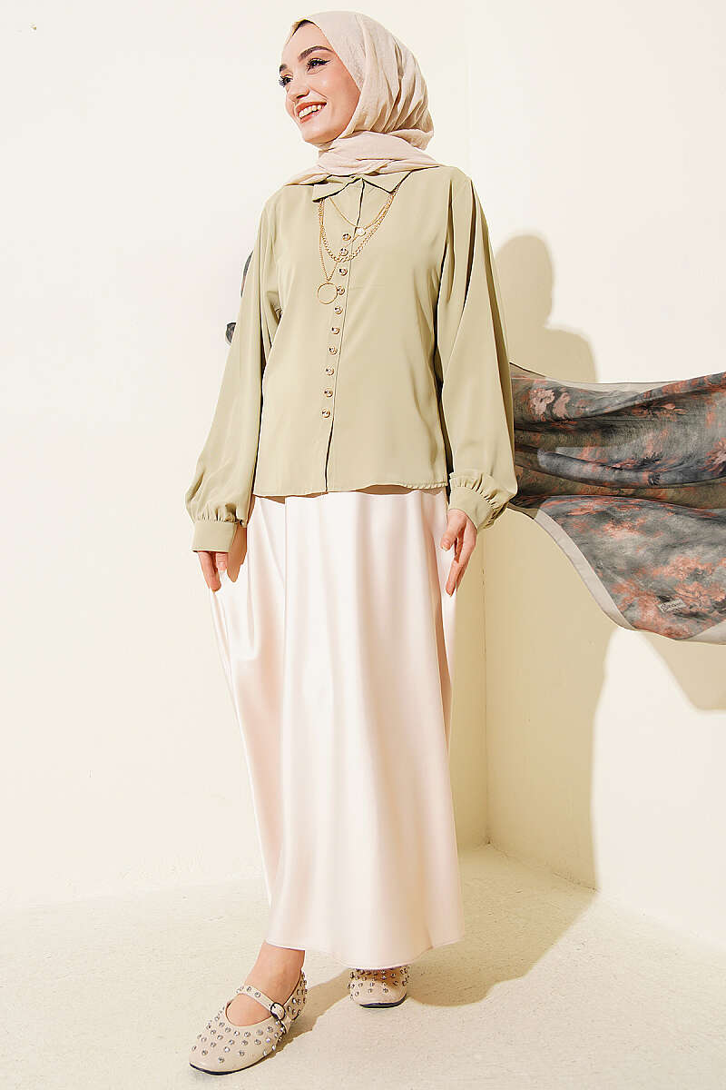 Short Loose Balloon-Sleeve Shirt - Almond Green