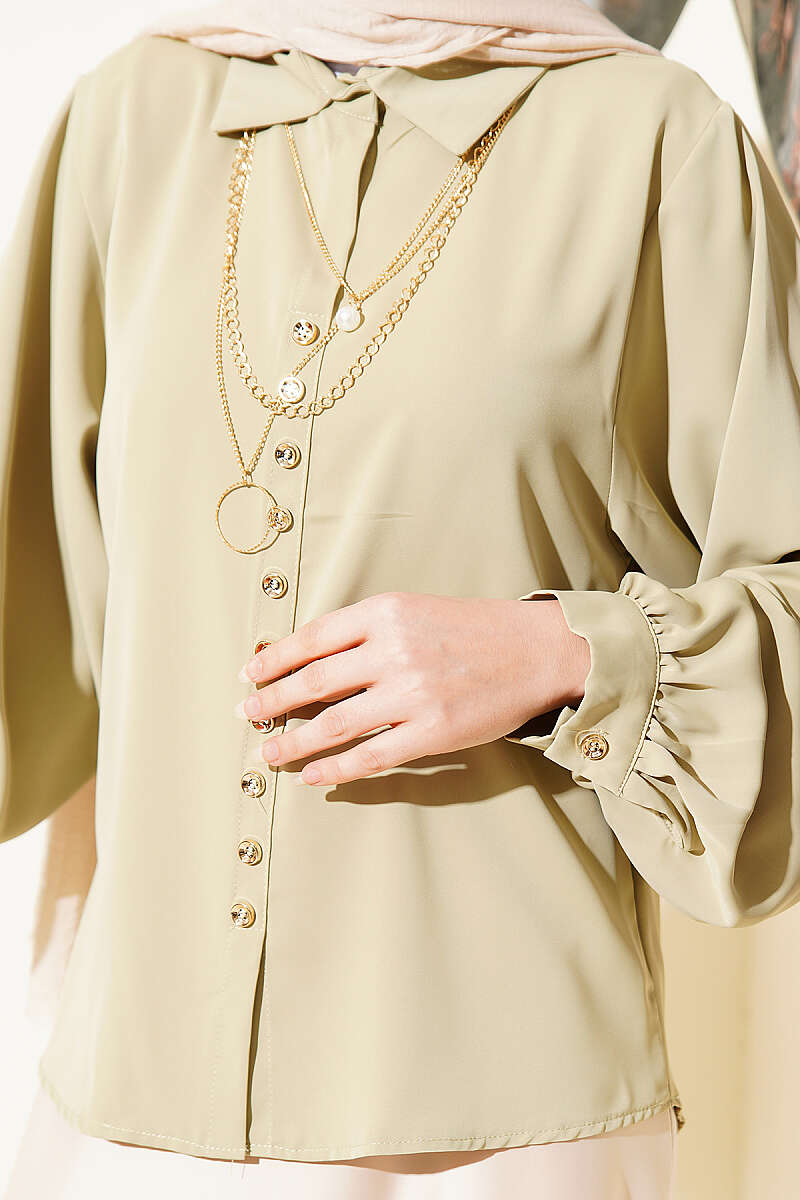 Short Loose Balloon-Sleeve Shirt - Almond Green