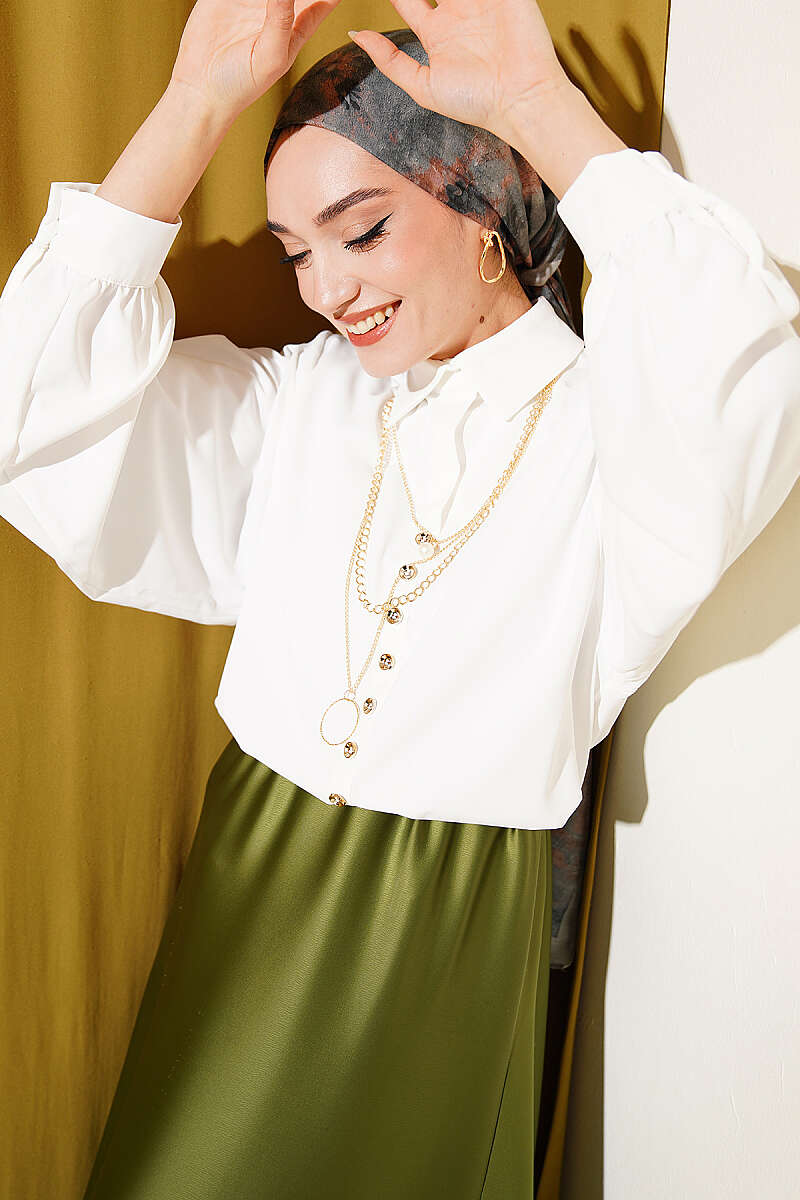 Short Loose Balloon-Sleeve Shirt - Ecru