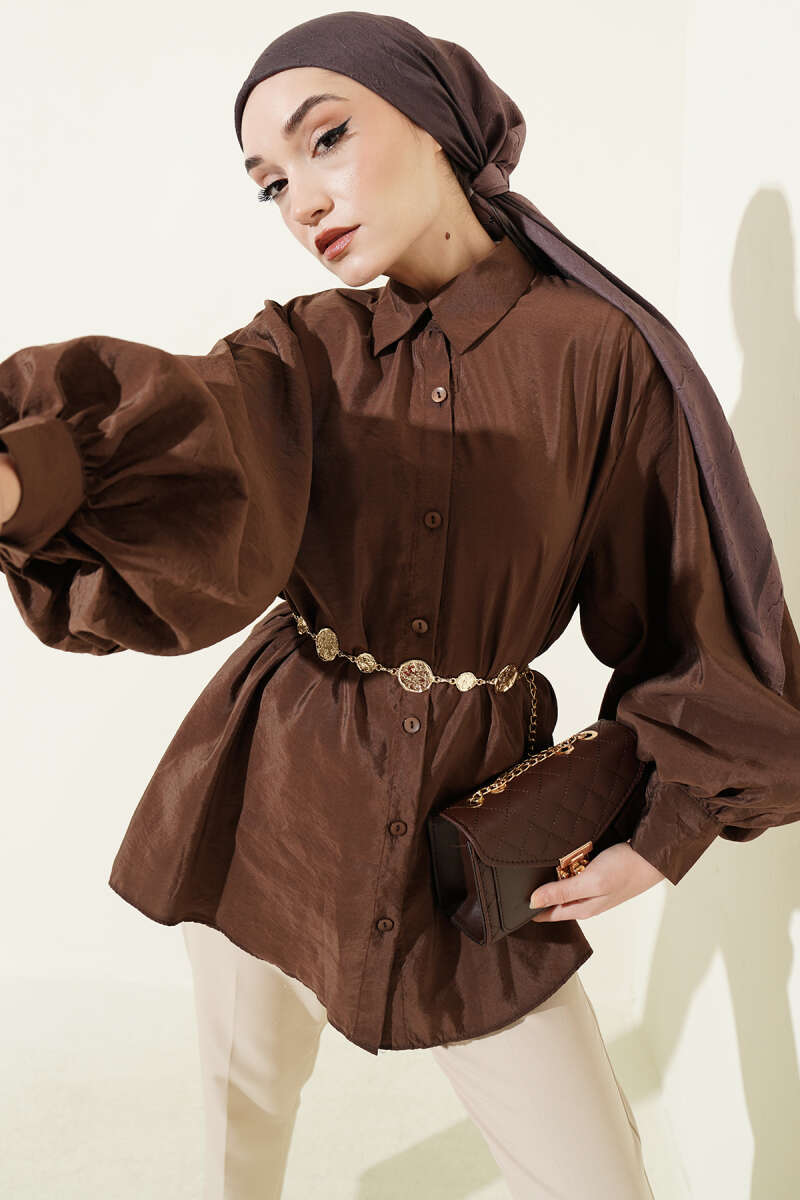 Loose Balloon-Sleeve Parachute Shirt - Brown
