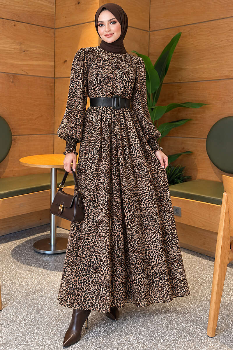 Balloon-Sleeve Chiffon Dress - Leopard