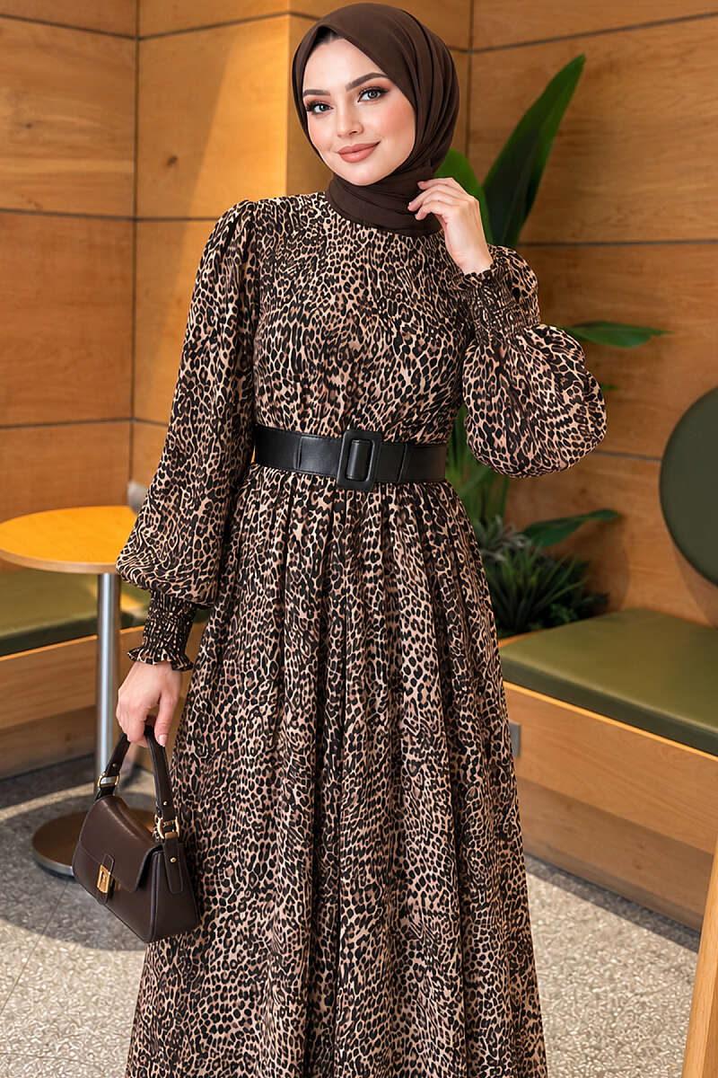 Balloon-Sleeve Chiffon Dress - Leopard