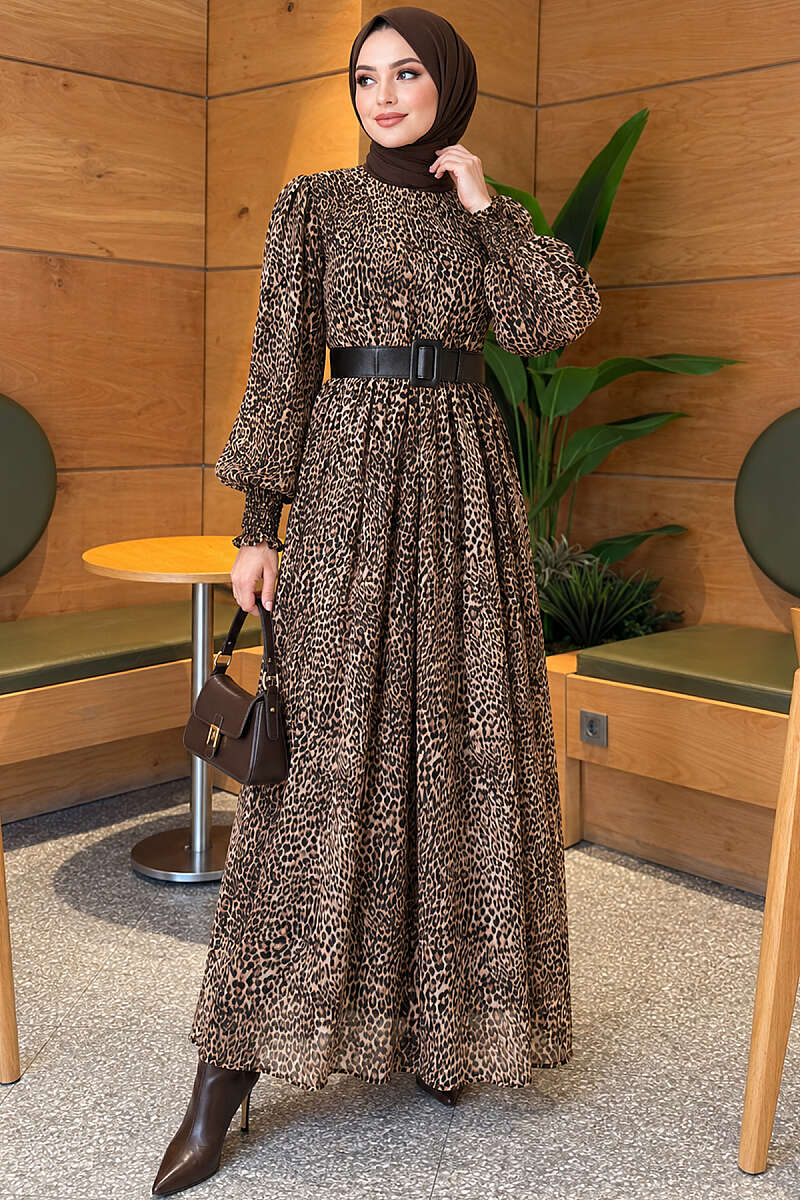 Balloon-Sleeve Chiffon Dress - Leopard