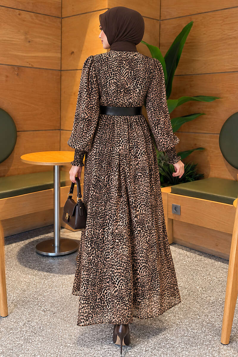 Balloon-Sleeve Chiffon Dress - Leopard