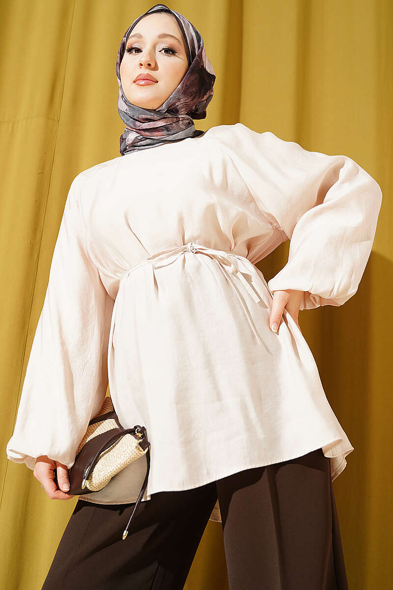 Tencel Puff-Sleeve Tunic with Cord Belt - Beige