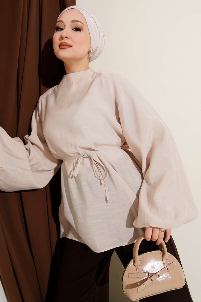 Balloon-Sleeve Tencel Tunic - Beige