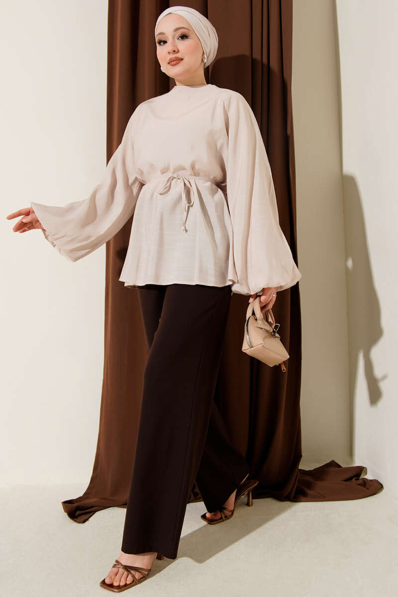 Balloon-Sleeve Tencel Tunic - Beige
