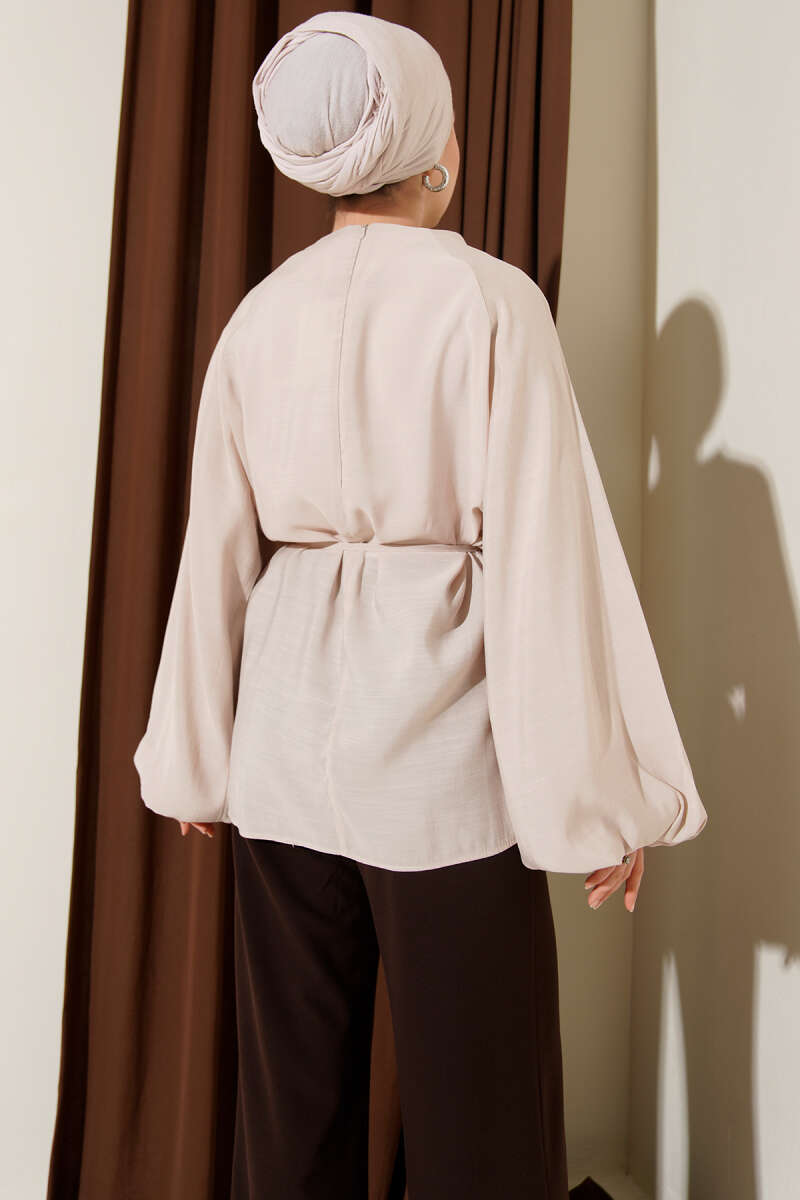 Balloon-Sleeve Tencel Tunic - Beige