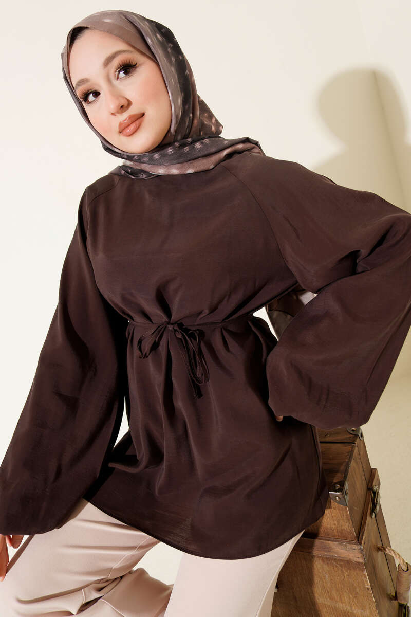 Balloon-Sleeve Tencel Tunic - Brown