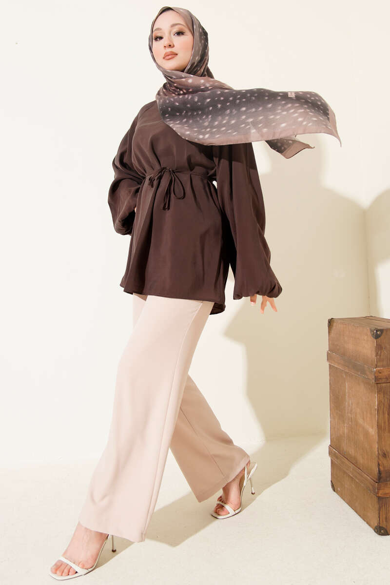 Balloon-Sleeve Tencel Tunic - Brown
