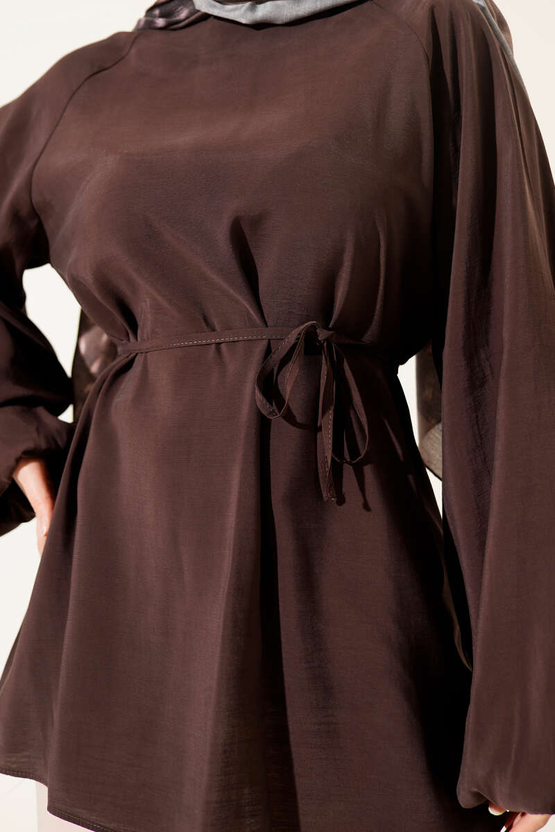 Balloon-Sleeve Tencel Tunic - Brown