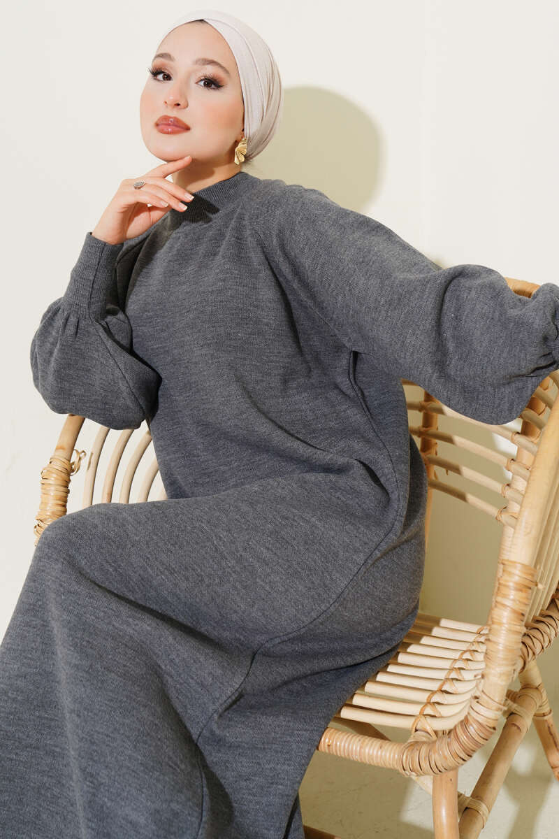 Balloon-Sleeve Knit Dress - Smoke Grey