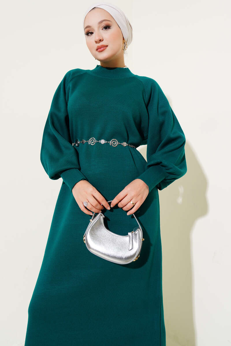 Balloon-Sleeve Knit Dress - Emerald
