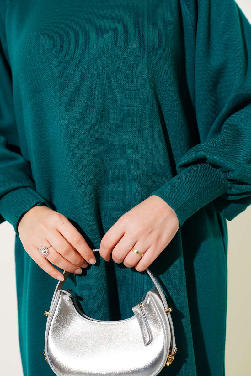 Balloon-Sleeve Knit Dress - Emerald