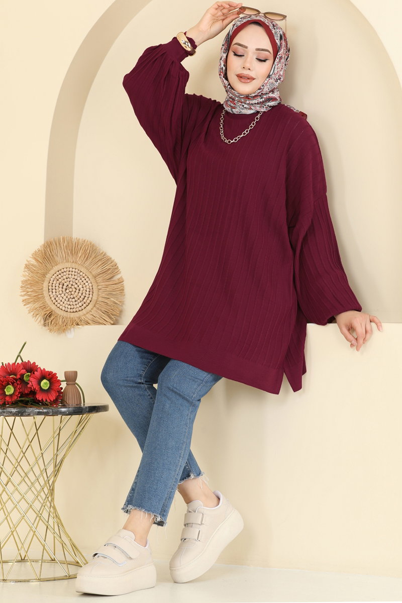 Balloon-Sleeve Knit Tunic - Burgundy