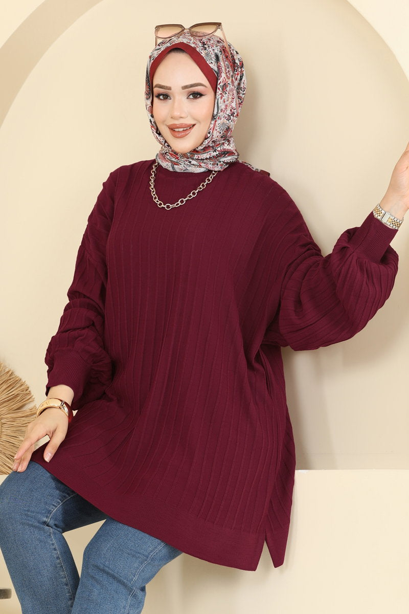 Balloon-Sleeve Knit Tunic - Burgundy