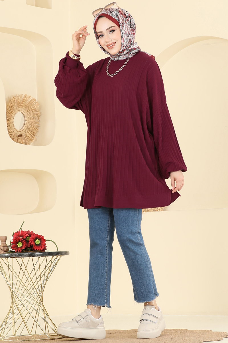 Balloon-Sleeve Knit Tunic - Burgundy
